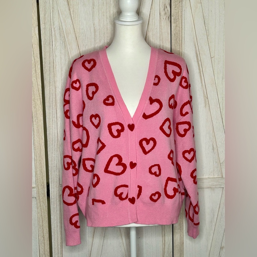 33 Degrees Pink and Red Heart Cardigan women sz Large Valentines cottagecore - Picture 3 of 12